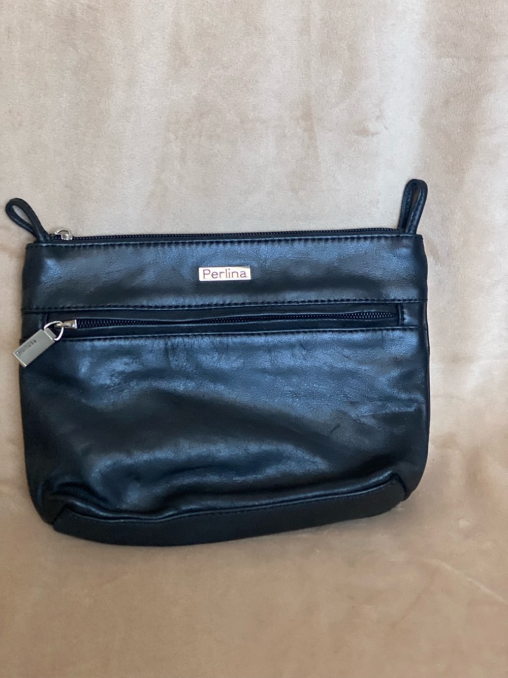 Perlina Black Leather Wristlet Clutch with Front Zip Pocket
